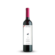 Wine bottle with a red cap and white label on a white background