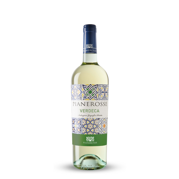 Bottle of Pianerosse Verdeca white wine on a white background