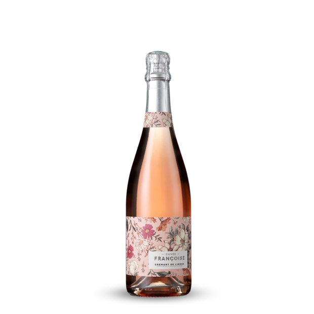 Bottle of rose wine with a floral label on a white background