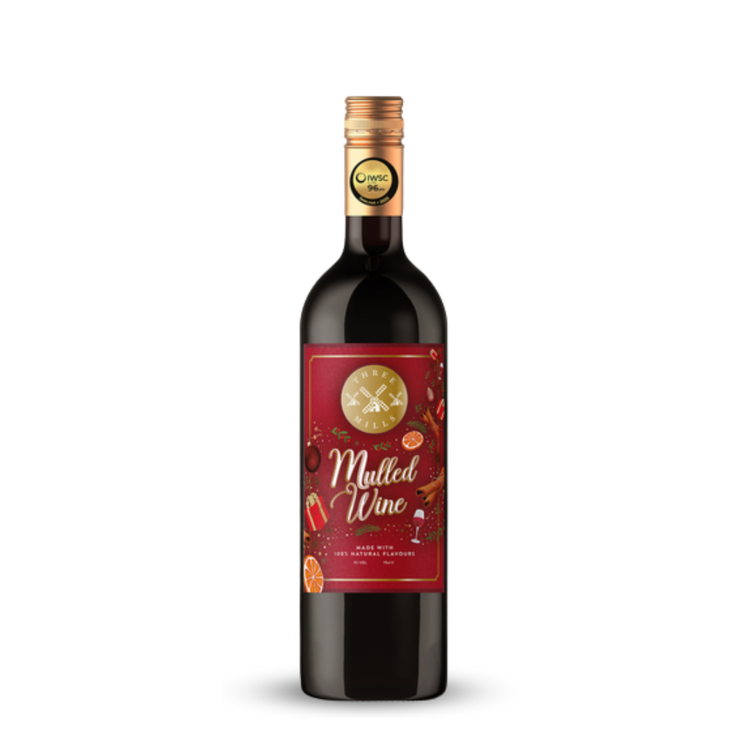 Bottle of mulled wine with a red label on a white background